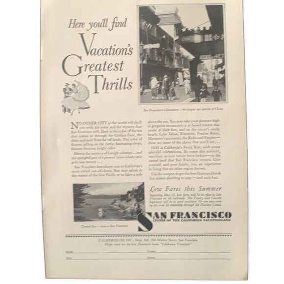 Vintage 1931 San Francisco Greatest Thrills Ad Advertisement - Picture 1 of 4
